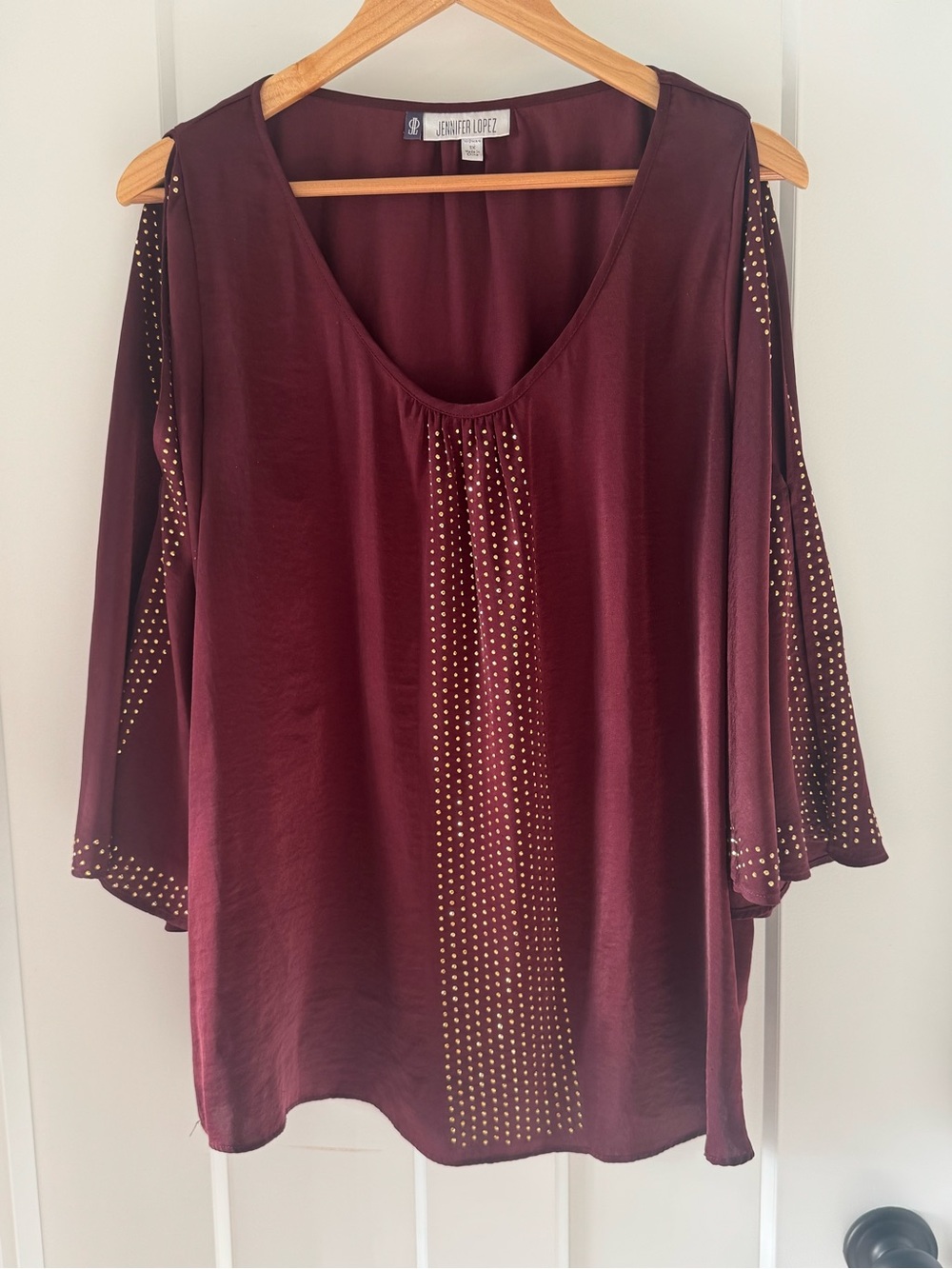 Jennifer Lopez Burgundy Studded Scoop-Neck Blouse
